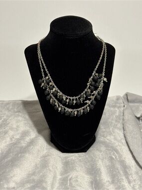 Matte Black Bead Layered Necklace with Silver Chains